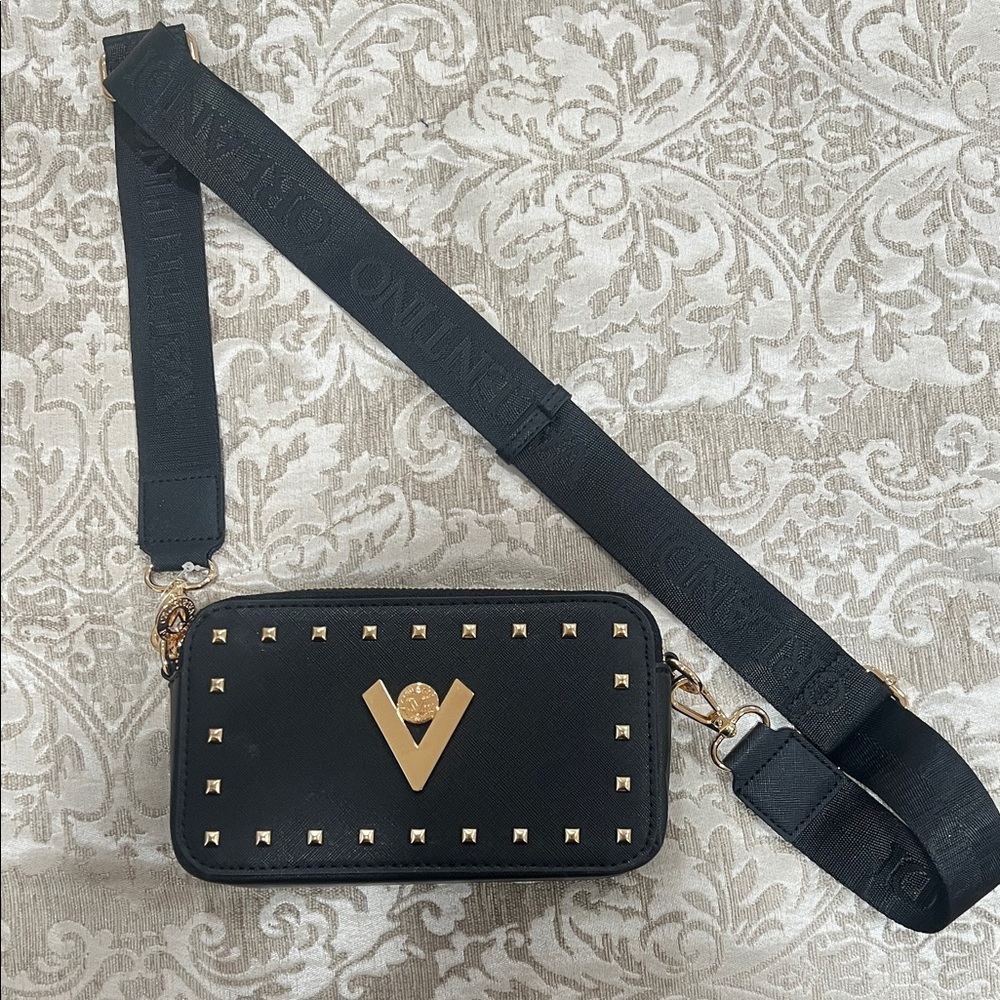 Valentino Black Crossbody Camera Bag with Gold Accents